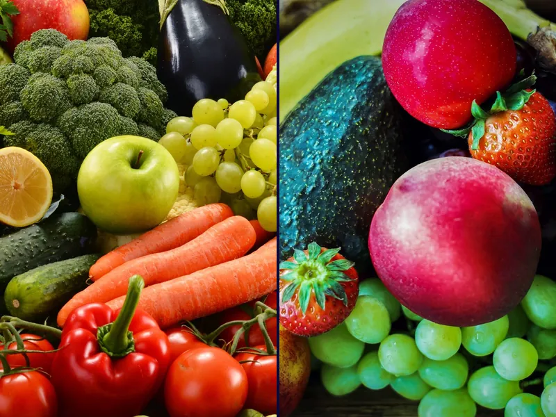 Brócoli, zanahorias, pimientos, manzanas, uvas y fresas